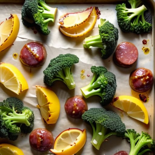 Sheet Pan Sausage and Veggies on tray.